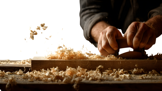 Hands using a hand planer on timber, wood shavings flying, isolated