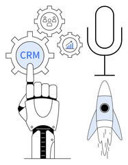 Robotic hand interacting with CRM gear, microphone for AI voice control, rocket symbolizing growth. Ideal for AI, automation, CRM, innovation, tech progress, business analysis simple flat metaphor