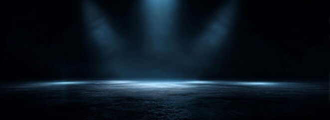 Empty Dark Stage with Spotlights and Smoke.