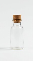 Small clear glass container is sealed tightly with a natural cork stopper