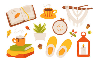 Cozy autumn flat vector set with warm home decor, hot drinks, books, candle lantern, slippers, macrame, indoor plant and embroidery hoop. Hygge style fall illustration for seasonal design and posters
