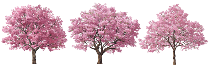 Three cherry blossom trees with pink blooms