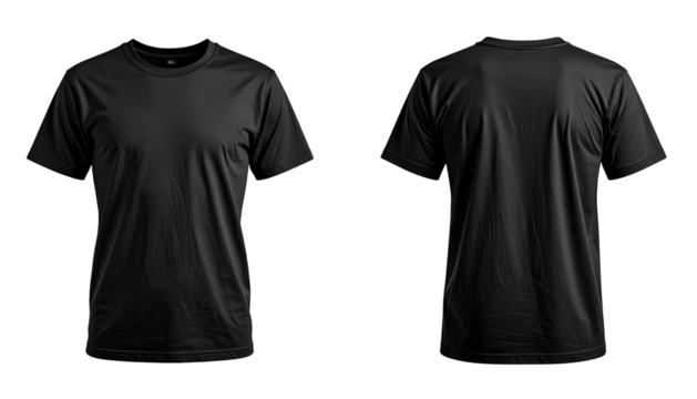 Front and back view of a simple, plain black t-shirt