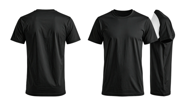 Three views a black, crew-neck tee, front, back, and side