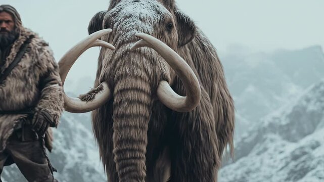 4k video of a caveman with a mammoth.