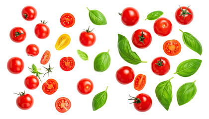 Cherry tomatoes & basil scattered on black, whole, halved, and leaves