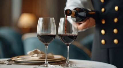 Elegant Wine Pouring Scene with Sommelier in Fine Dining Setting, Showcasing Sophisticated Atmosphere and Exquisite Glassware Presentation