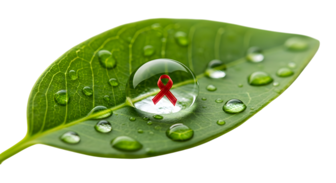 A single water drop on a green leaf reflecting a red ribbon, symbolizing aids awareness and support, on a transparent background