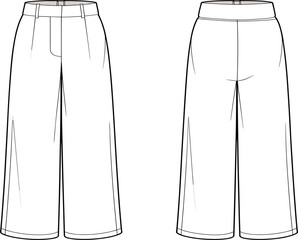 Wide leg pants fashion flat sketch front and back view technical drawing vector illustration garment design apparel template clothing