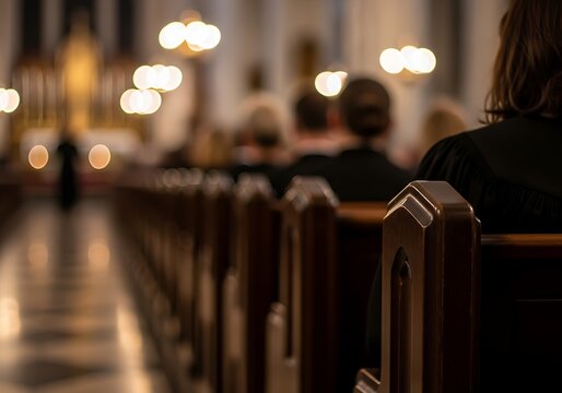 Interior view of a church with people seated in pews, attending a service.