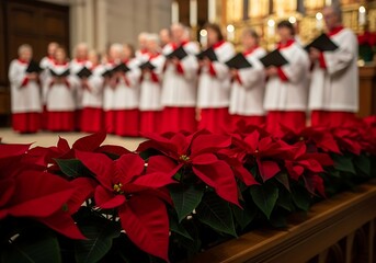 Choir members in red and white robes sing in a church, with red poinsettias in the foreground.