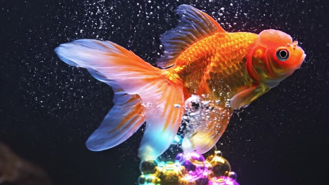 Vibrant Fantail Goldfish Swimming in a Dark Aquarium with Colorful Bubbles