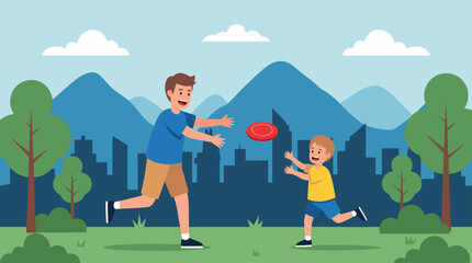 Father and Son Playing Frisbee in the Park Enjoying Outdoor Activities Together