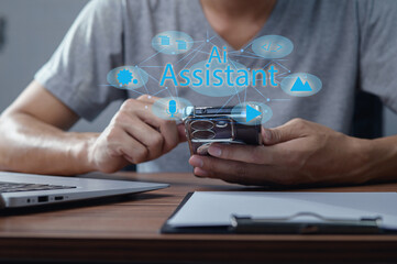 Man Using Digital AI Assistant on Mobile Device Concept Design