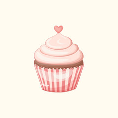 Cute pink cupcake with swirled frosting and a small heart on top, in a striped wrapper. Isolated vector illustration.