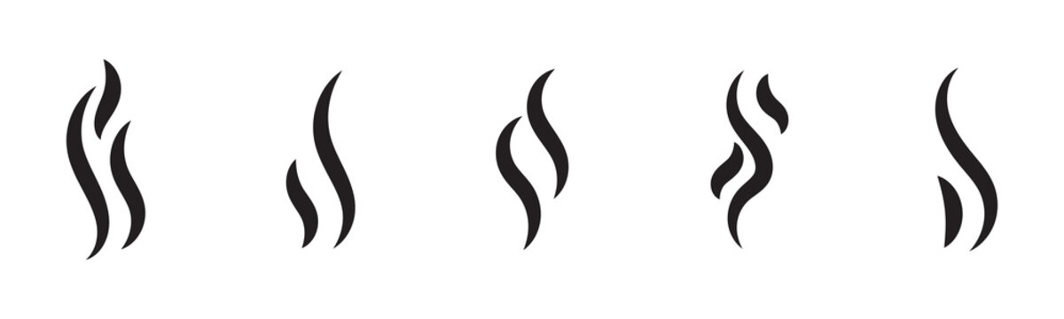 Smoke steam icon vector logo set. Smoke smell, steam aroma heat icon illustration. Hot vapor fire doodle line logo. Hit stink, coffee, fragrance flame elements. Vector illustration.