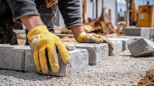 Professional landscaper expertly installing stone pavers for a beautiful outdoor patio or walkway construction project, adding value and curb appeal