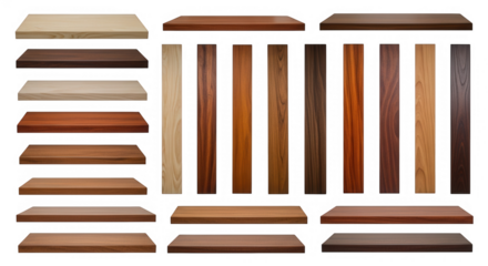 Wood grain samples and shelves isolated on a transparent background