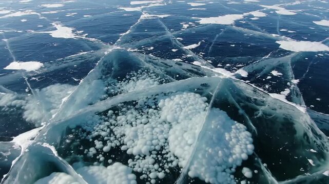 Floating bubbles trapped in the ice create mesmerizing patterns on a frozen lake. Sunlight dances on the surface, revealing nature's artistry in winter.