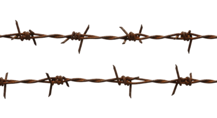  Weathered rusty barbed wire strands on a transparent background, PNG image, metal fence component.