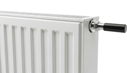 White Panel Radiator with Thermostatic Valve for Home Heating on a Transparent Background, PNG image