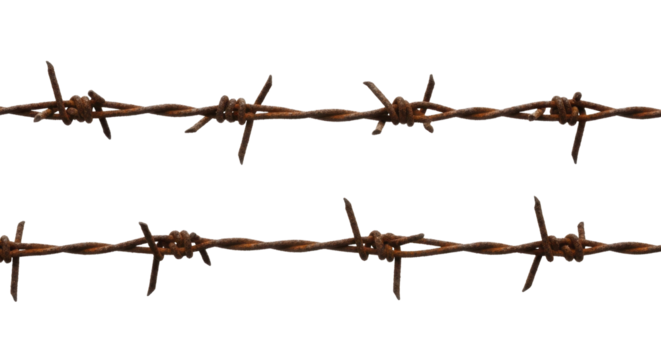  Weathered rusty barbed wire strands on a transparent background, PNG image, metal fence component.