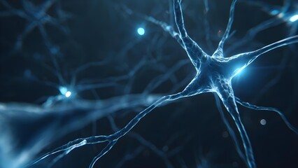 Glowing blue neurons with branching dendrites and synapses in a neural network. Concept Glowing Neural Network, Blue Neurons, Branching Dendrites, Synapse Web, Neural Visualization