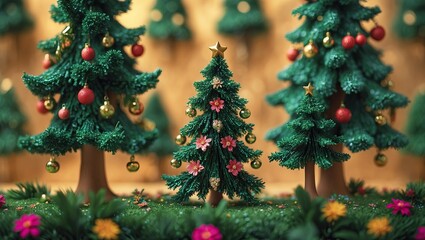 Christmas Trees with Baubles, Stars, and Flowers Against Golden Glow (AI-generated)