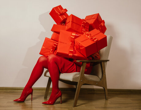 Overwhelmed woman in red surrounded by gifts in monochrome holiday scene