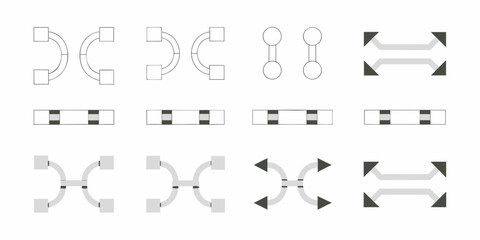 Collection of abstract geometric connection and flow diagrams with squares circles and arrows