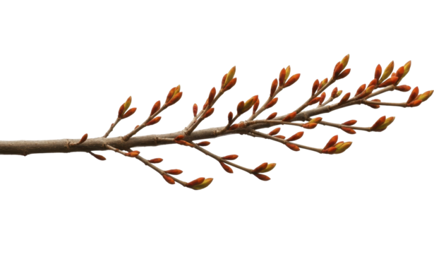 Bare tree branch with emerging spring buds on a transparent background, PNG image