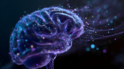 Abstract neon brain with glowing purple-blue neural fibers and sparkling synapses Concept Abstract Neon Brain, Glowing Neural Fibers, Purple-Blue Neural Art, Sparkling Synapses