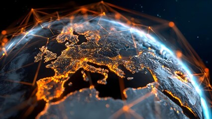 Earth viewed from space with a glowing orange network of interconnected lines and points around its surface. Concept Earth from space with a glowing orange network around its surface