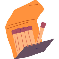 Orange matchbox with five wooden matches inside and one matchstick pulled out the box against a white background illustration
