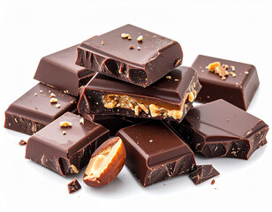 A close-up pile of broken dark chocolate pieces, some containing nuts or caramel filling, sprinkled with toppings and placed on a white background. Sweet indulgence.