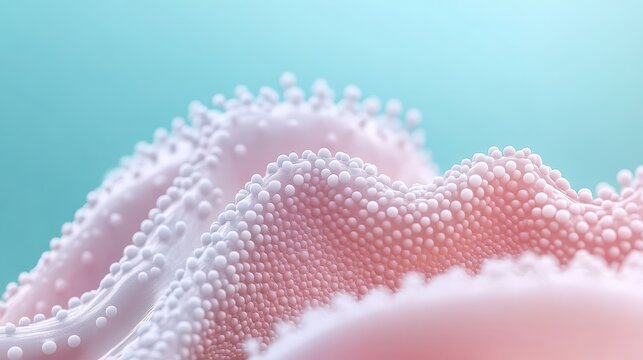 Tiny spheres cover soft wavy pink surface against light blue backdrop, abstract microscopic texture, nanotechnology concept.
