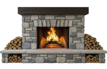  Stone fireplace with burning fire and stacked firewood on a transparent background, PNG image, PNG file