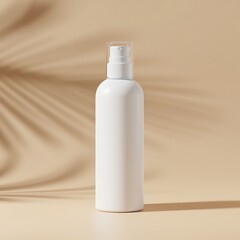 Realistic photo of a white cosmetic bottle standing on beige background with soft shadows, top light, minimal modern composition, natural lighting, 8k resolution, clean aesthetic, perfect for branding