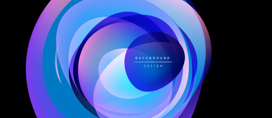 Abstract fluid shapes blend, creating vibrant circular design. Colors shift from purple to blue, evoking dynamic energy. Text reads background design.