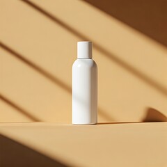 Realistic photo of a white cosmetic bottle standing on beige background with soft shadows, top light, minimal modern composition, natural lighting, 8k resolution, clean aesthetic, perfect for branding