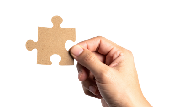 A hand holding a single jigsaw puzzle piece, symbolizing problem-solving and completion. The hand carefully positions the piece