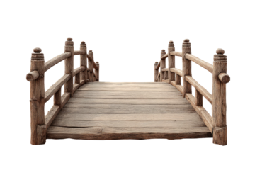 Wooden bridge with rustic railings against a black backdrop