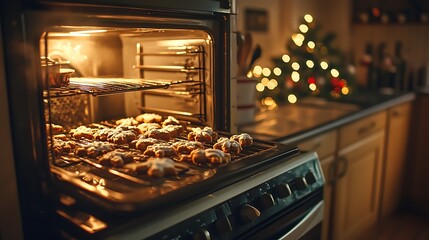 Warm kitchen with gingerbread cookies baking in the oven