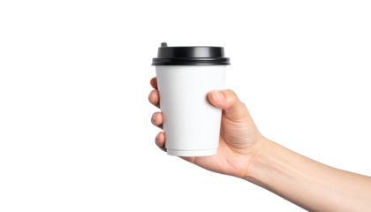 A hand holding a disposable coffee cup