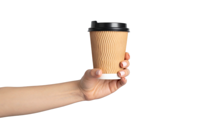 A person's hand holding a takeaway coffee cup. The hand is holding the cup steady.