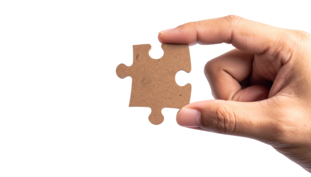 A hand holding a single jigsaw puzzle piece, symbolizing problem-solving and completion. The piece is brown and held up in front of a bright background
