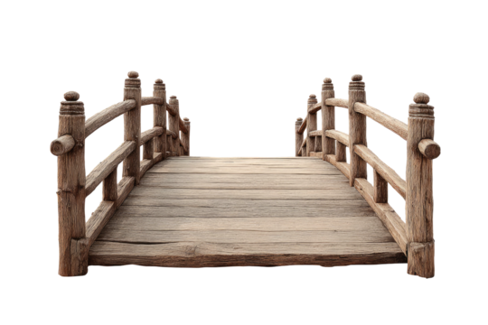 Wooden bridge with rustic railings against a black backdrop