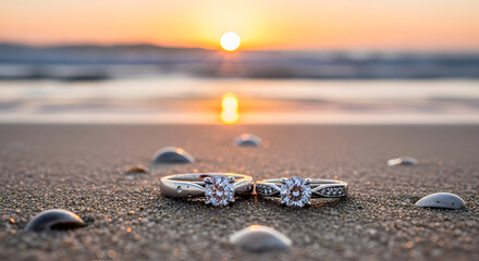 Wedding rings on the beach, symbolizing love and commitment, captured during sunset with a serene and romantic atmosphere