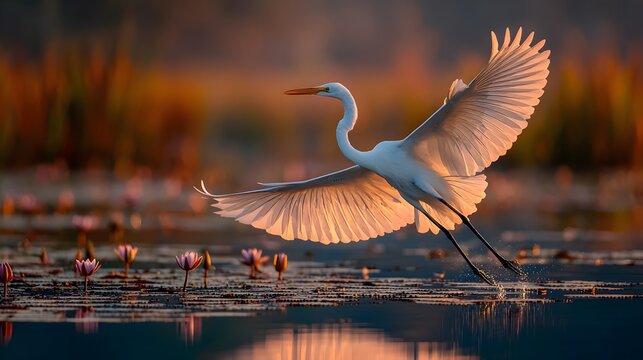 Breathtaking, high-speed wildlife photograph of a graceful white egret taking flight from a lily pond, its wings fully spread over the water.