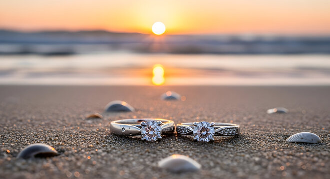 Wedding rings on the beach, symbolizing love and commitment, captured during sunset with a serene and romantic atmosphere - Powered by Adobe